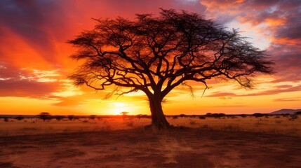 Beautiful sunset concept, Panorama silhouette tree in africa with sunset - obrazy, fototapety, plakaty