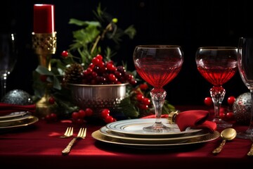 A Festive Holiday Dinner Table Set with Red Wine Glasses and Silverware