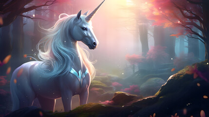 Obraz premium Mystical Unicorn in Enchanted Forest with Magical Sunrise Light