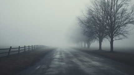Misty Road with Bare Trees and Wooden Fence