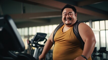 Fototapeta na wymiar Asian fat man showing muscles at exercise facility, fat man in gym