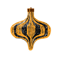 Christmas tree toy, graphic textured black lines with bright gold yellow bands. Isolated vector object on white background. Design element of  New Year's sale banner, print, postcard,  invitation