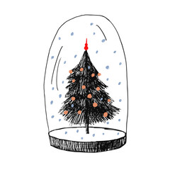 Hand-drawn graphic textured Christmas crystal snow globe with Christmas tree. Podium under a transparent glass dome with a white snowdrift, a glowing garland. Christmas Decorative Design