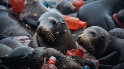 Environmental concept,Seals are piling up on plastic bottles and trash all over the sea,seal 