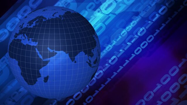 Cybersecurity dynamic backdrop featuring binary code, algorithm, and spinning globe, harmonious defense against cyber attacks in interconnected digital world