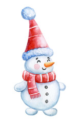 Happy cute snowman in a Santa hat isolated on a transparent background. Watercolor illustration