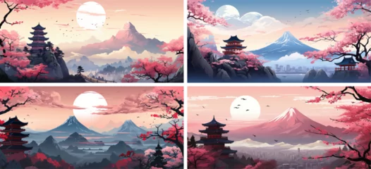Fotobehang zen picture ink oriental japan japanese sunrise silhouette scenery image china east temple hill  © shabanashoukat49