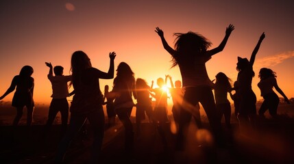 Silhouettes of a group of teenagers partying with dancers during sunset. - obrazy, fototapety, plakaty