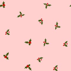 Hand drawn seamless pattern with Christmas winter elements in red green pink, small ditsy traditional retro vintage holly holiday plant design on white background. Bright colorful print for
