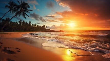 Sea landscape with sunset concept,Beautiful sunset tropical beach with palm tree and pink sky panorama - obrazy, fototapety, plakaty