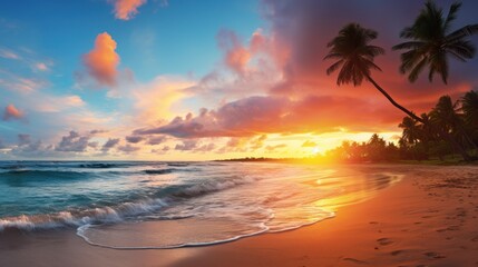 Sea landscape with sunset concept,Beautiful sunset tropical beach with palm tree and pink sky...