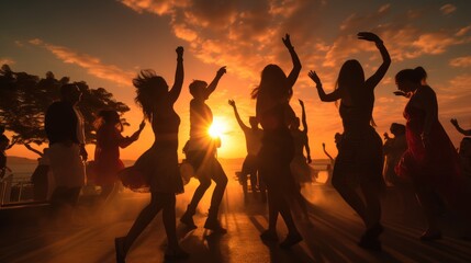 Silhouettes of two teenage girls jumping,Sunset party dancers silhouettes at summer music festival - obrazy, fototapety, plakaty