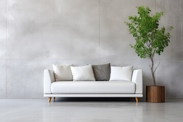 Minimalistic design in light colors of a living room or hallway with a large leather sofa and a green plant in a pot