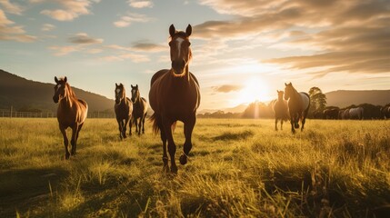 Environmental concept, Thoroughbred horses walking in a field at sunrise. - obrazy, fototapety, plakaty