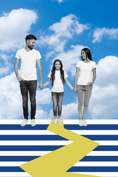 Picture collage sketch of happy cheerful three people walking together isolated on blue drawing background