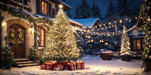 Fairy Christmas tree in courtyard of a cozy house in the background glows with warm fairy lights with golden decor, boxes with gifts. Christmas and New Year, festive mood, greeting card
