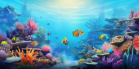 Marine Paradise Image, Tropical ocean environment with various fish coral and sharks .Beautiful...