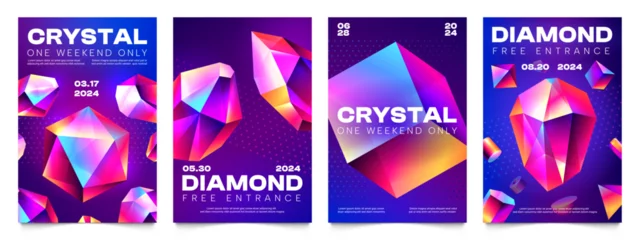 Fotobehang Abstract crystal posters. Triangular gemstone badges with shiny reflections, trendy jewel badges with reflections and glossy shine. Vector polygonal set © Tartila