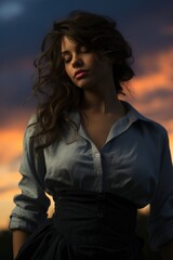 Vintage model contemplates twilight career captured in deep blues and fading sunset tones 