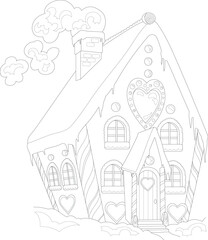 Cartoon cute gingerbread house with heart candy graphic sketch. Christmas vector illustration of cookie home in black and white for game. Children's story book, fairytail, coloring paper, page, print