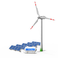 3d Solarenergie, Windenergie und Wasserstoff, alternative, klimaneutrale  und ökologische Energie, freigestellt. Solarpanele, Windkraftanlage und Wasserstofftank.