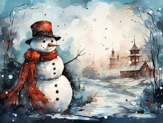 Snowman on the background of the snow, watercolour background, AI generated