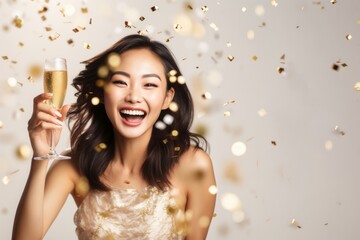 Young party woman smiling and drinking champagne from glasses while standing under falling confetti isolated over beige background - Powered by Adobe