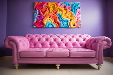 Fashionable comfortable stylish pink sofa against the wall in the room