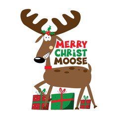 Merry Christ Moose - funny reindeer with Christmas presents.
Good for greeting card, textile print, label and other gift design.