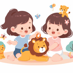    a flat vector kids Illustration of cute two girl baby playing with baby lion