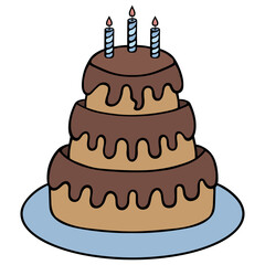 Birthday cake decorated with blue candles. Three tiered dessert on a blue platter. Festive delicacy is covered with flowing chocolate glaze. Color vector illustration. Cartoon style. 