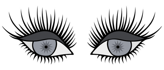 Intense female gaze of gray eyes. Dark shadows on half-closed eyelids. Smokey eye. Seductive fox look. Lush black eyelashes. Color vector illustration. Cartoon style. Isolated background.