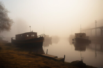 Fototapeta premium Dense dense fog cloud over the river bridge, architecture in a smoky effect. AI generated.