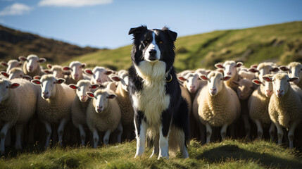 Dog shepherd guarding sheep - obrazy, fototapety, plakaty