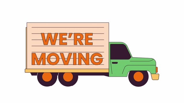 Moving truck riding line cartoon animation. Were moving. Shipping professional cargo van wheels spinning 4K video motion graphic. Relocation 2D linear animated object isolated on white background