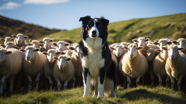 Dog shepherd guarding sheep