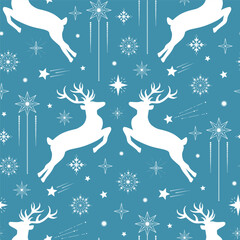Obraz na płótnie Canvas Seamless pattern of decorative Christmas reindeer, snowflake, star. Hand drawn ornamental holiday elements. Happy New Year vector illustration for greeting card, wallpaper, wrapping paper, fabric