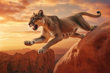 African puma cougar in the wild, in an aggressive predatory leap at sunset. AI generated. - obrazy, fototapety, plakaty