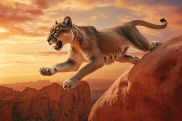  African puma cougar in the wild, in an aggressive predatory leap at sunset. AI generated. © Serhii