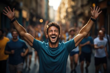 Elated runner raising arms in victory background with empty space for text  - obrazy, fototapety, plakaty
