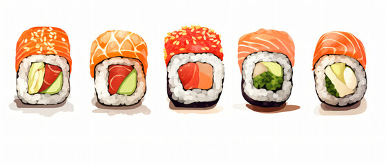 Sushi rolls set with salmon and tuna fish isolated on white background