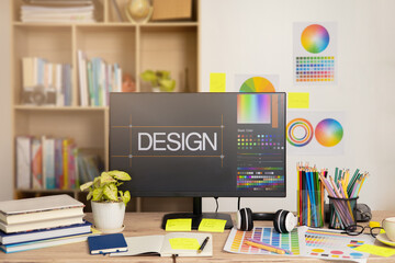 Graphic designer's workspace with a computer and creative tools on the table
