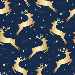 Obraz na płótnie Canvas Seamless pattern of decorative Christmas reindeer and star. Hand drawn holiday symbol, deer silhouette. Happy New Year vector sketch illustration for greeting card, wallpaper, wrapping paper, fabric