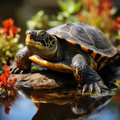  A serene turtle basking on a log in a calm pond 
