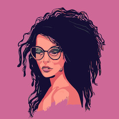 A woman with glasses and a pink background with Thendy Warhol Museum in the background design tshirts vector illustration for use in design tshirts and print poster canvas