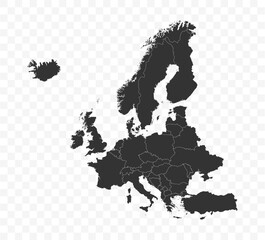 European continent map and country borders. Europe map on transparent background. Stock illustration.