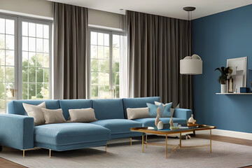 Fototapeta premium Contemporary Residential Living Room, Background Wall Color Powder Blue