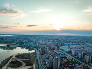 Naklejka na ściany i meble Panoramic view of the center of Kazan. Cityscape with the Kazanka River. An unusual view of Kazan from above