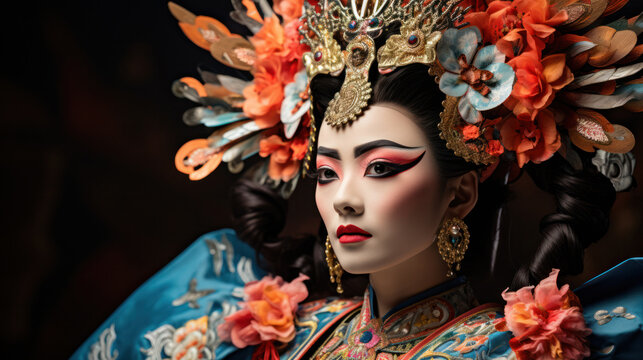  A live Peking opera performance, highlighting its cultural significance and traditional costumes and makeup, Generative AI
