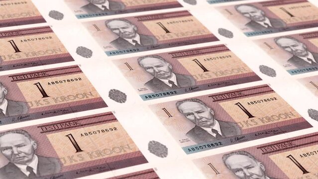 Estonia Estonian Kroon 1 Banknotes Money Printing House, Printing One Estonian Kroon, Printing Press Machine Print out Estonian Kroon, Being printed by currency press machine 1 Estonian